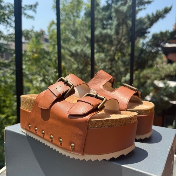 NWT Free People Rule Breaker Platform Sandals Brown Leather Studded Flatform 37 - Picture 10 of 15